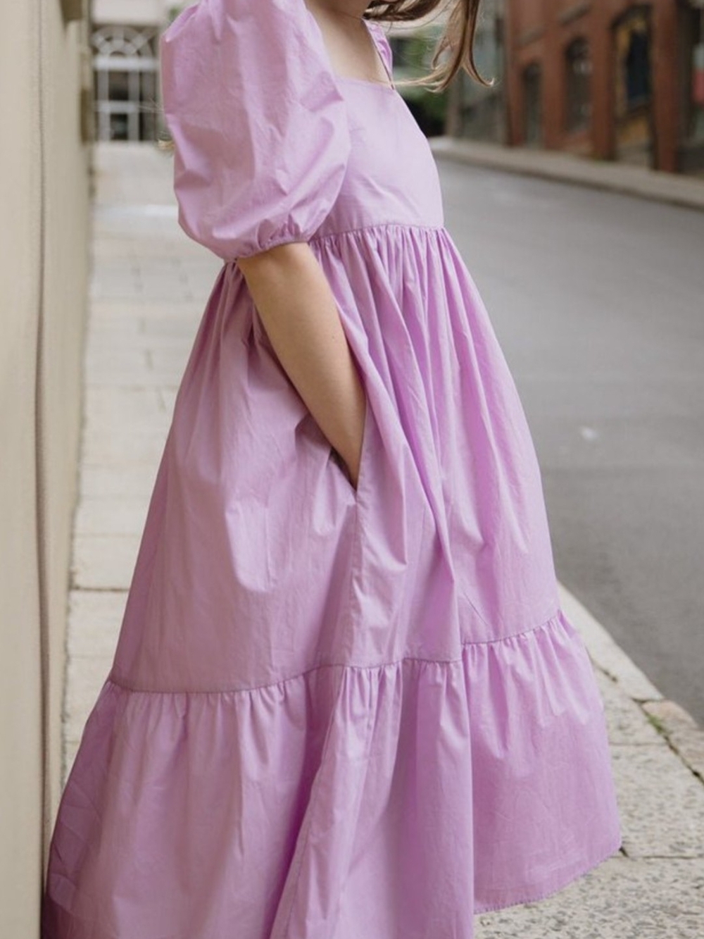 entro Lilac  Puff-Sleeve Tiered Midi Dress